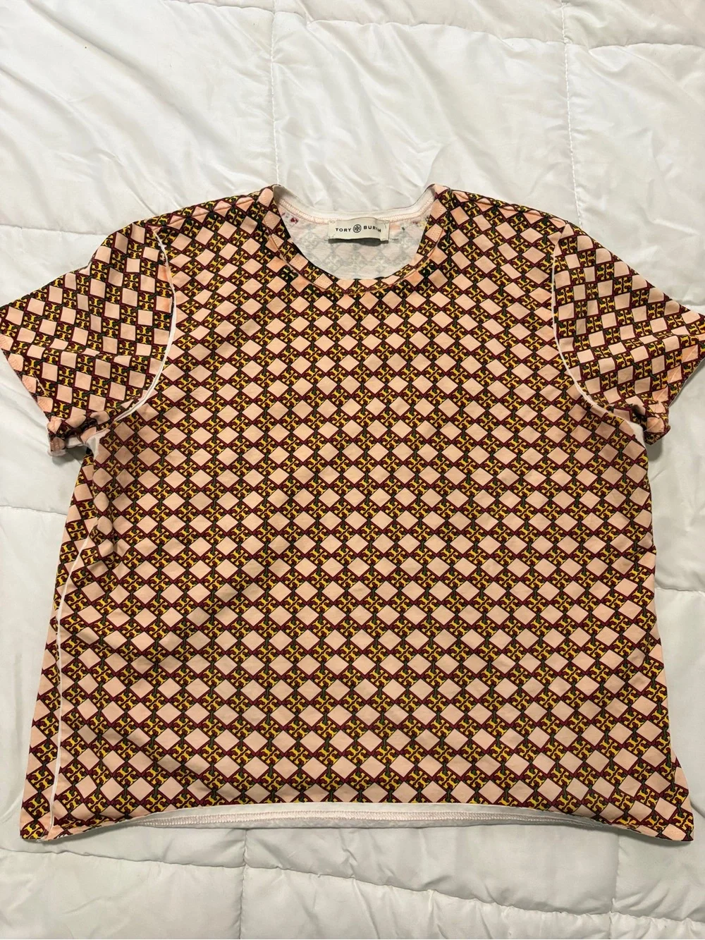 Tory Burch Pink Geometric Short Sleeve Tee with Gold Accents